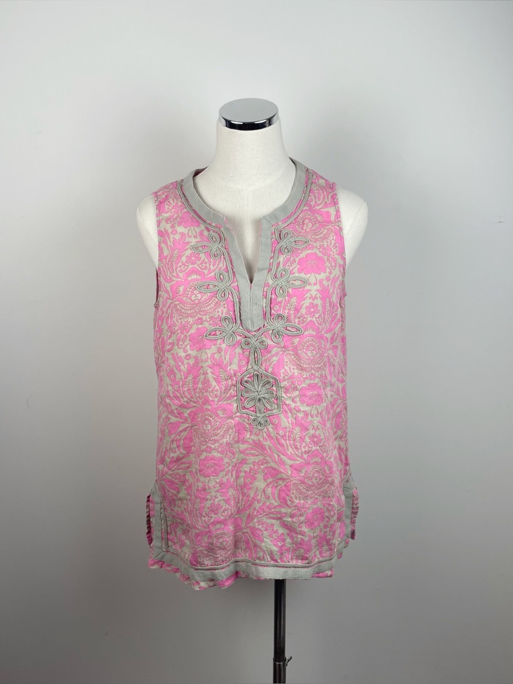 Tommy Bahama Pink Tan Gray Floral Tunic Top Women Medium Embroidered